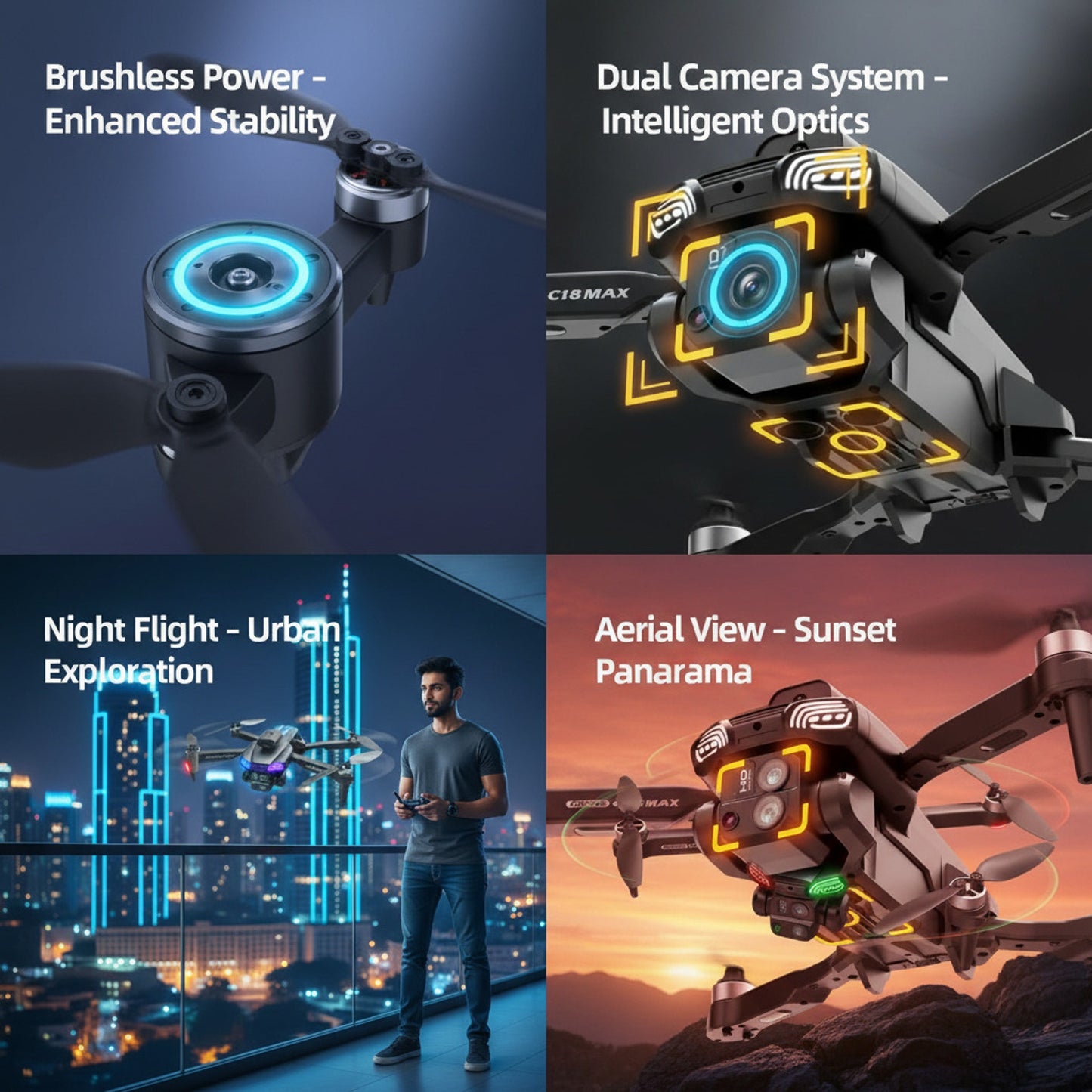 ERHIndia C18 Drone with Dual HD Camera, Matte Black Foldable Quadcopter Drone